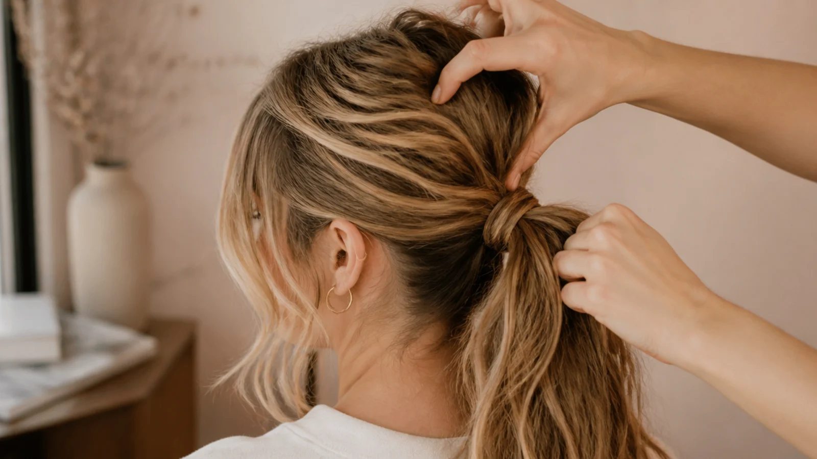 Hair being raked back with spread fingers rather than a brush