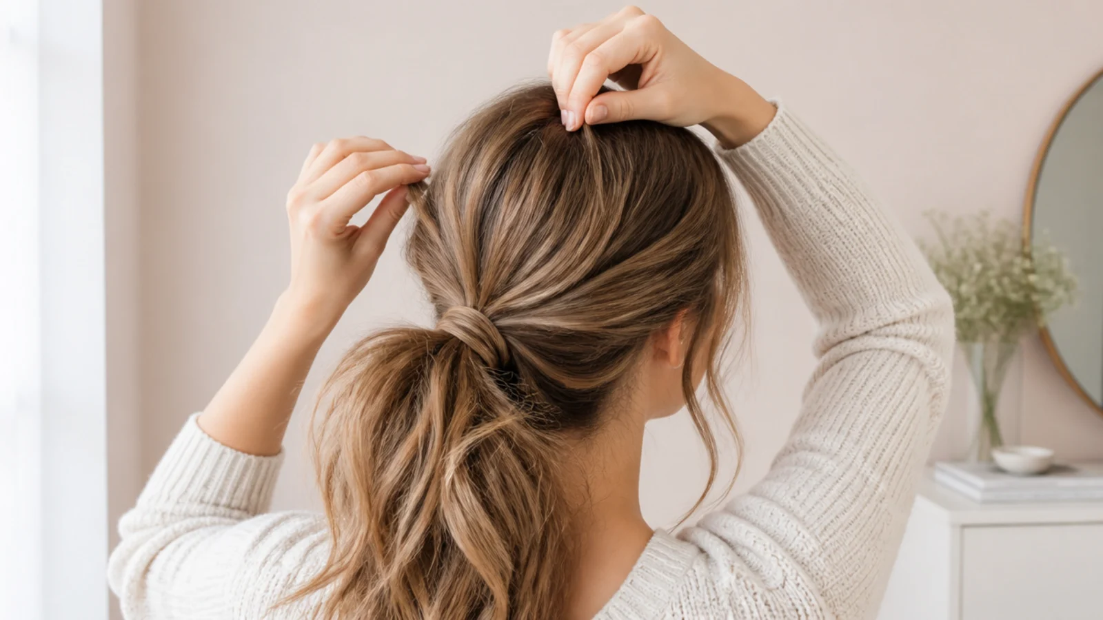 Fingers pinching and lifting strands at the crown after tying