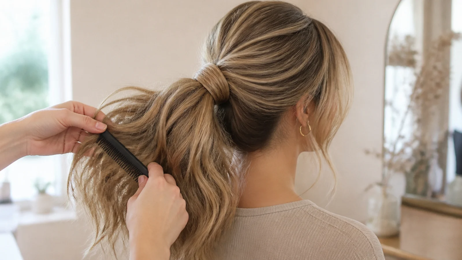 A comb backcombing a section underneath a raised ponytail