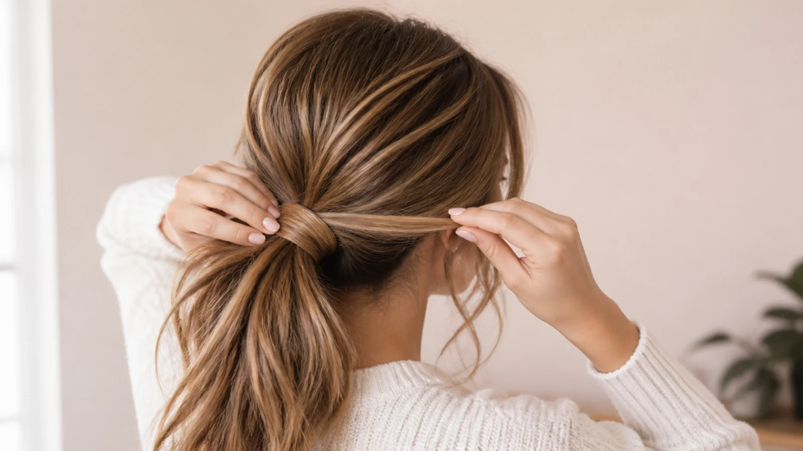 A thin section being wound around a ponytail base and pinned