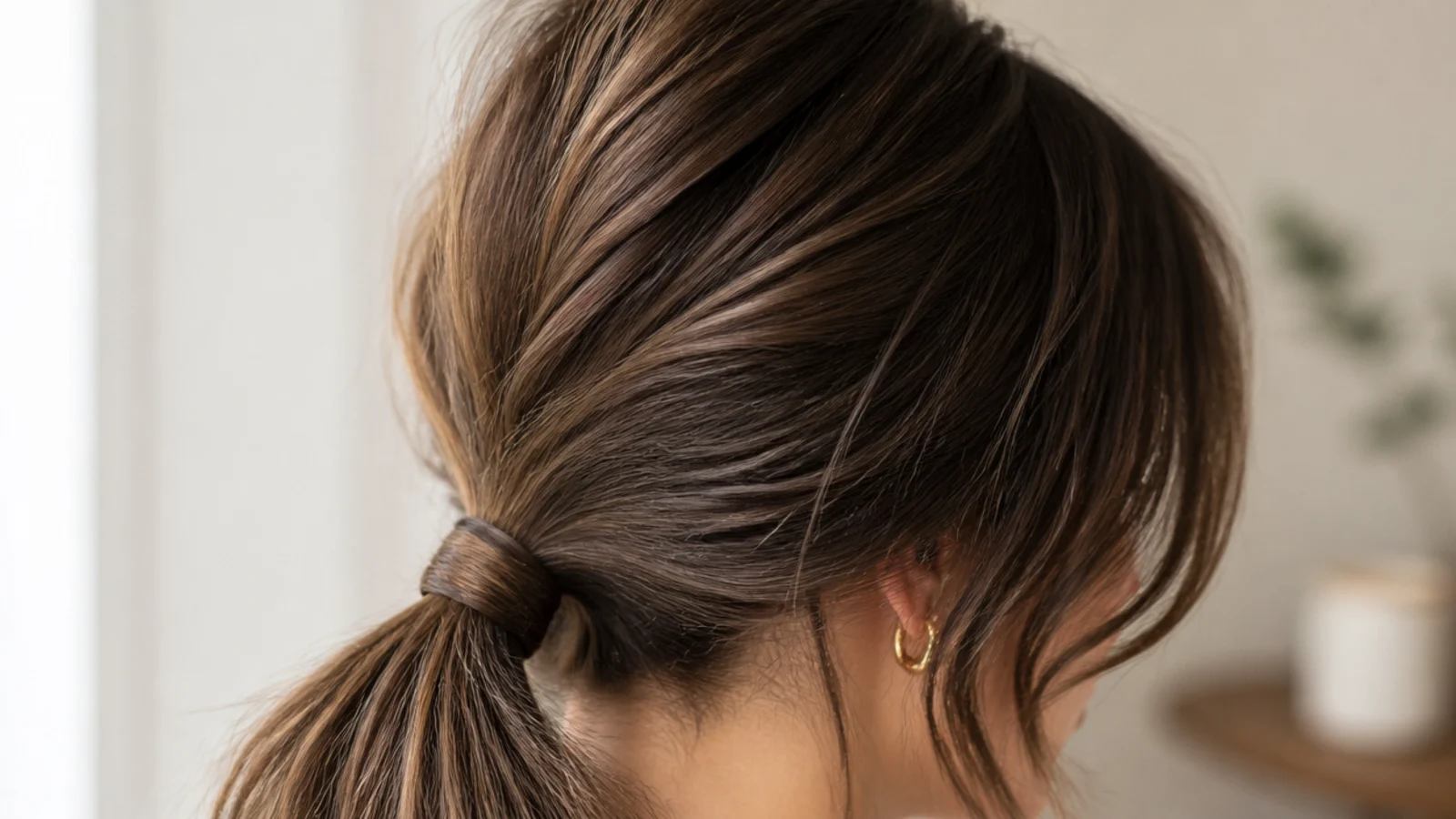A curtain fringe swept outward above a low gathered ponytail