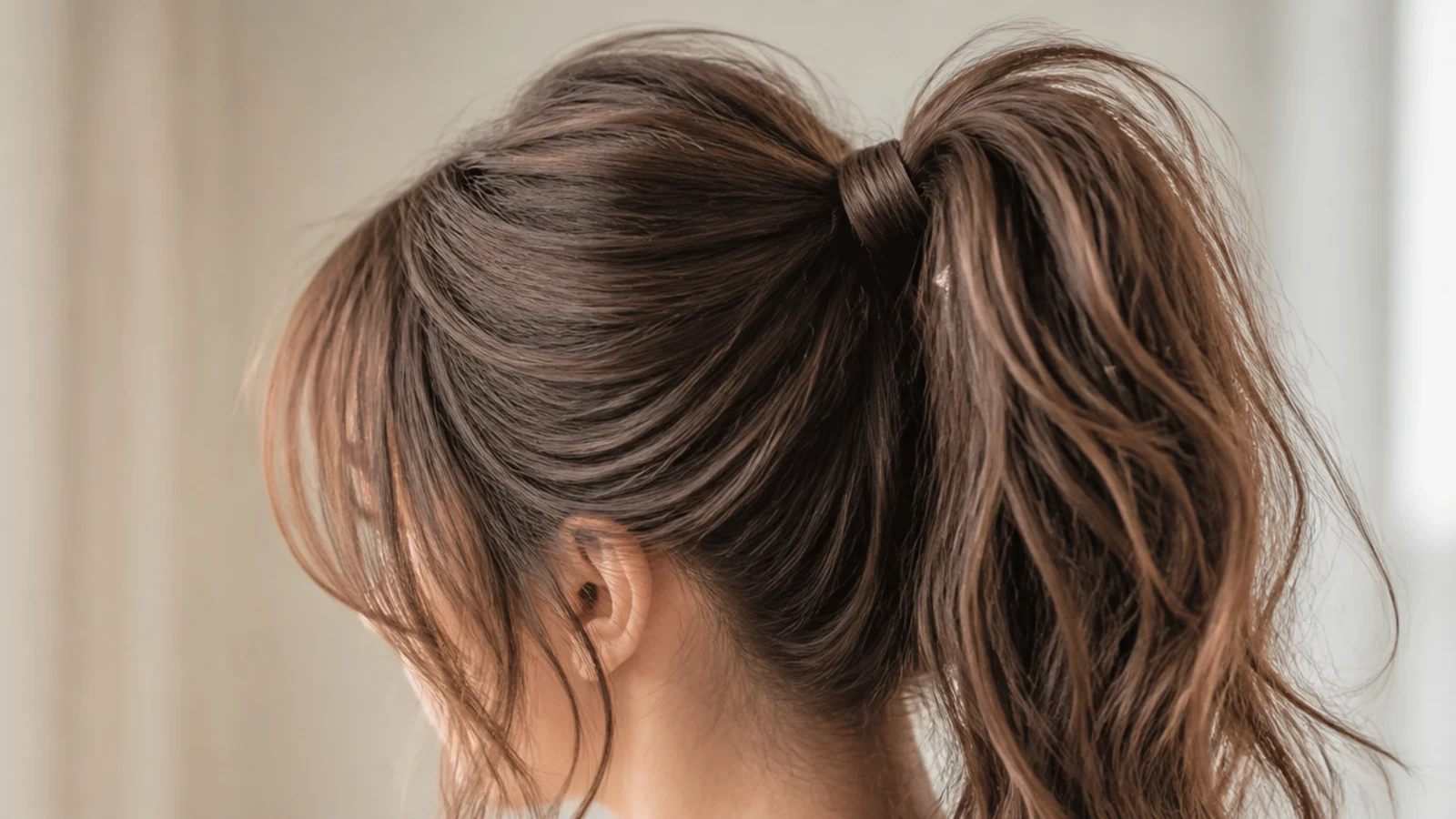 A fine wispy fringe above a high ponytail