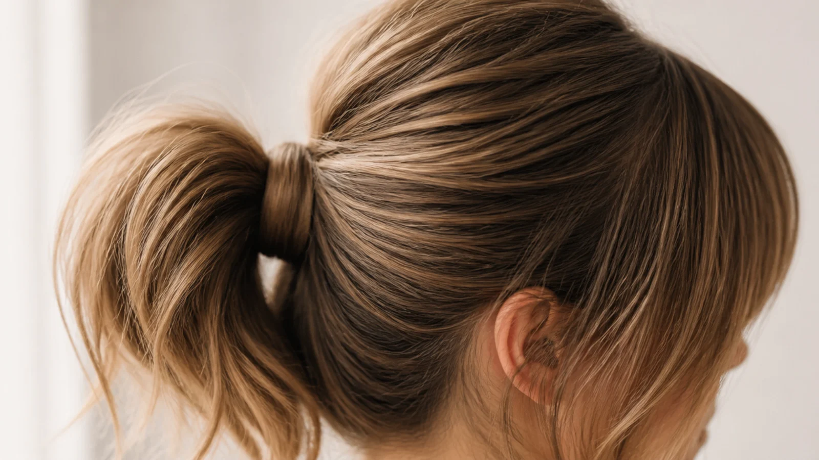 A blunt fringe above a smoothed root and a rough ponytail