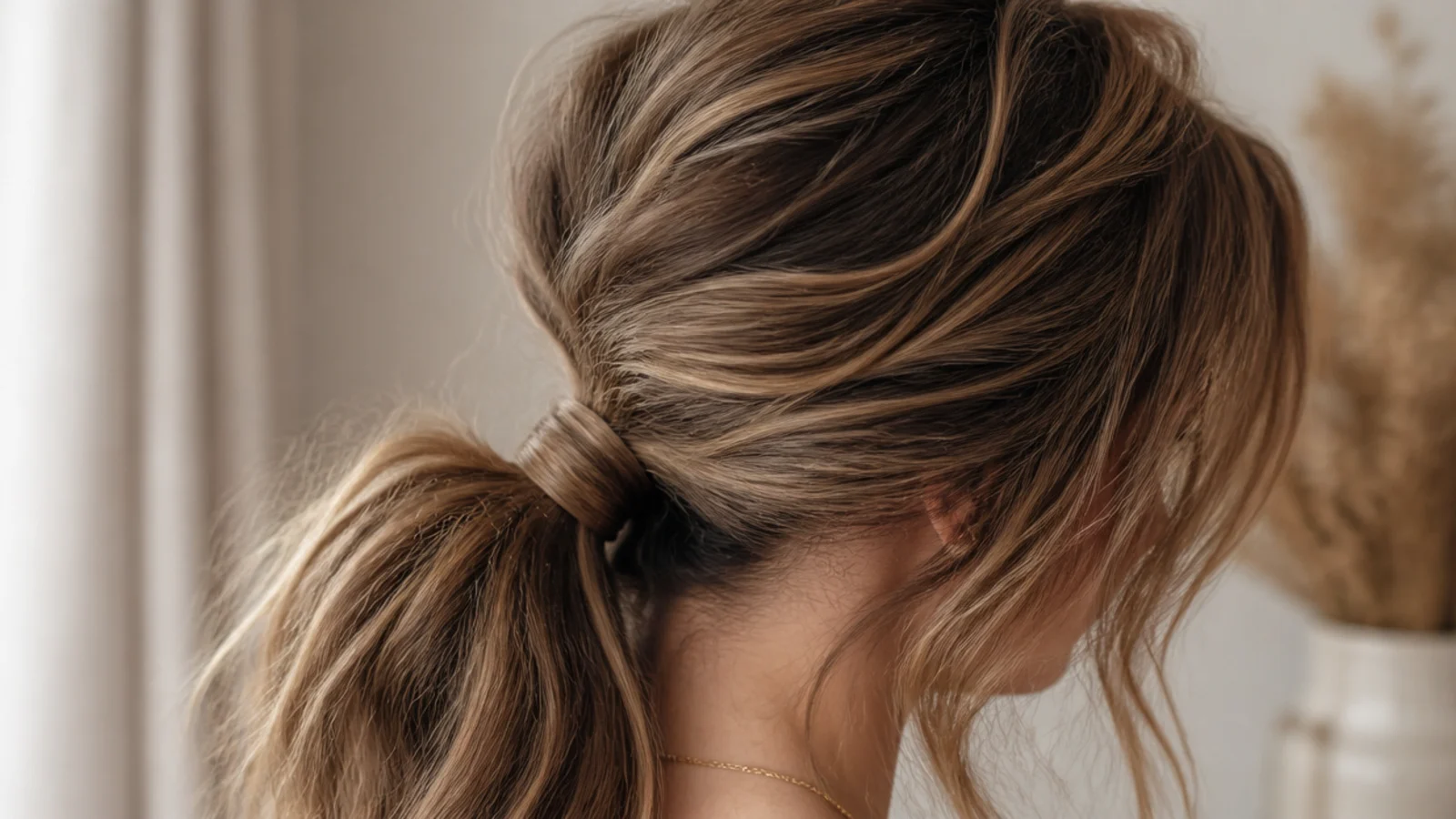 A side swept fringe matching a ponytail tied to the same side