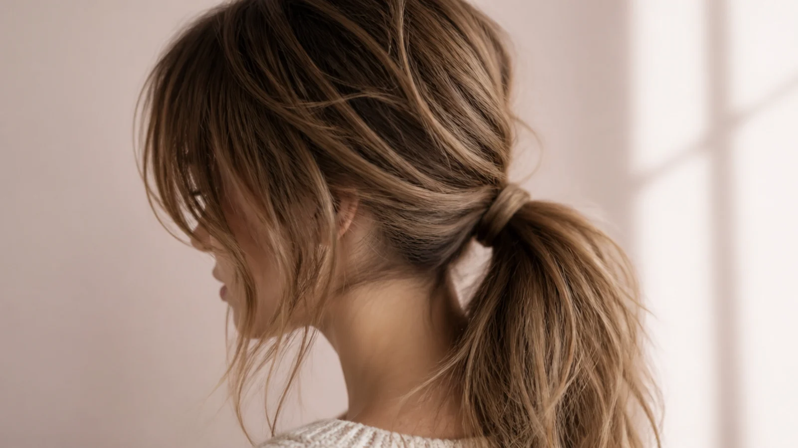 A long brow skimming fringe above a ponytail tied at the nape