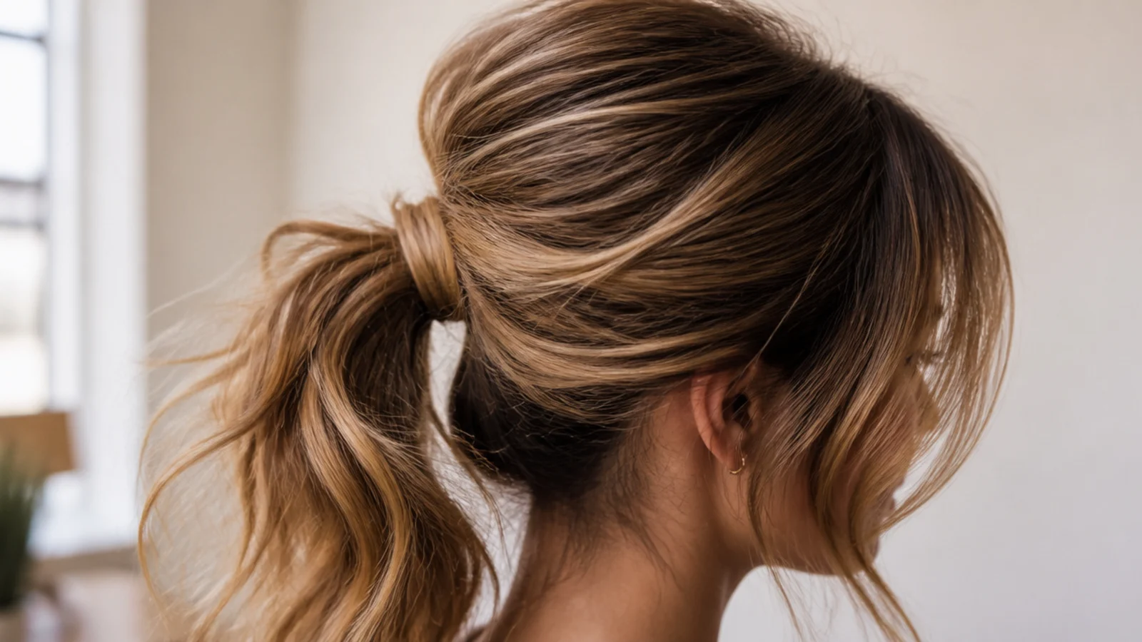 A grown out fringe pinned back into the crown above a ponytail