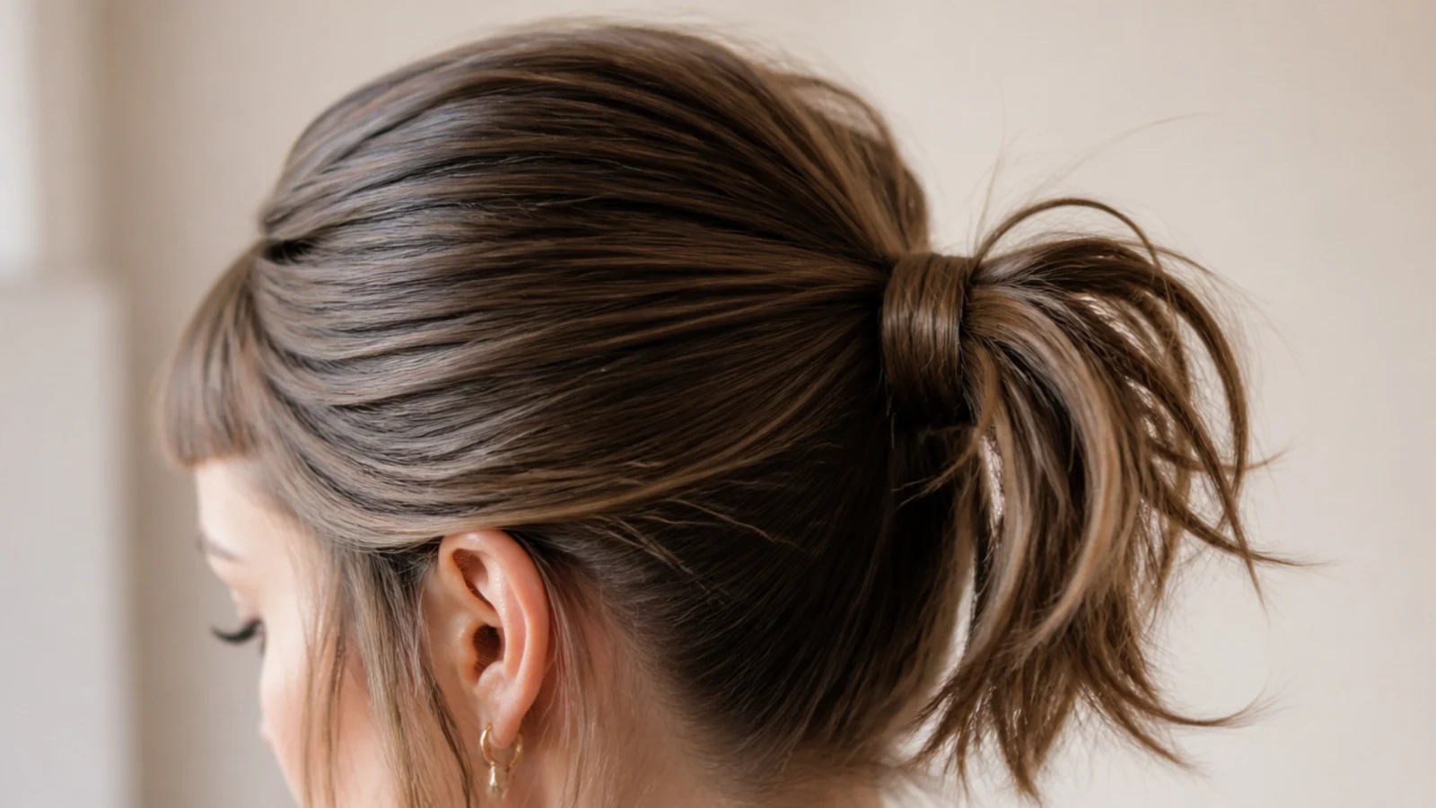 A very short fringe above a smooth base and a textured ponytail