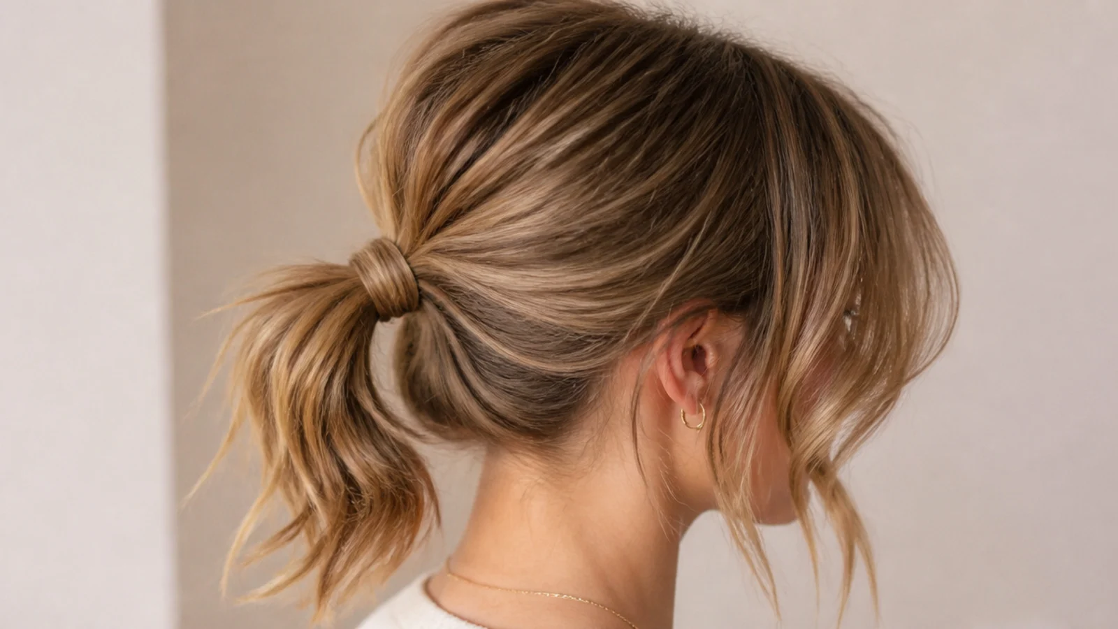 A mid height ponytail with long face framing pieces beside a soft fringe