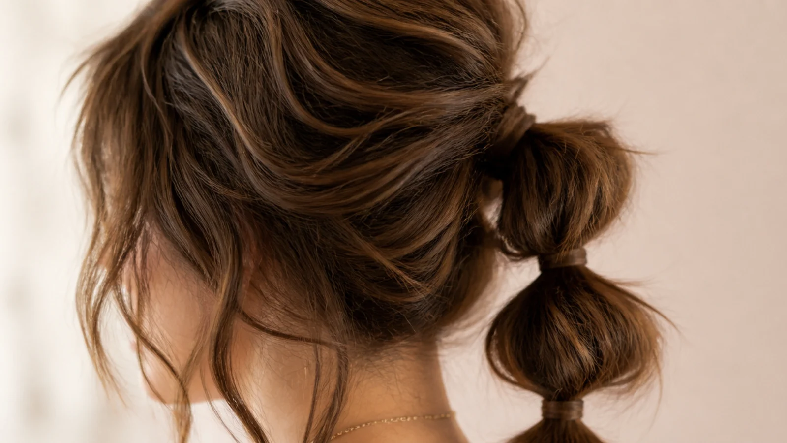 A shaggy fringe and layers above a bubble ponytail