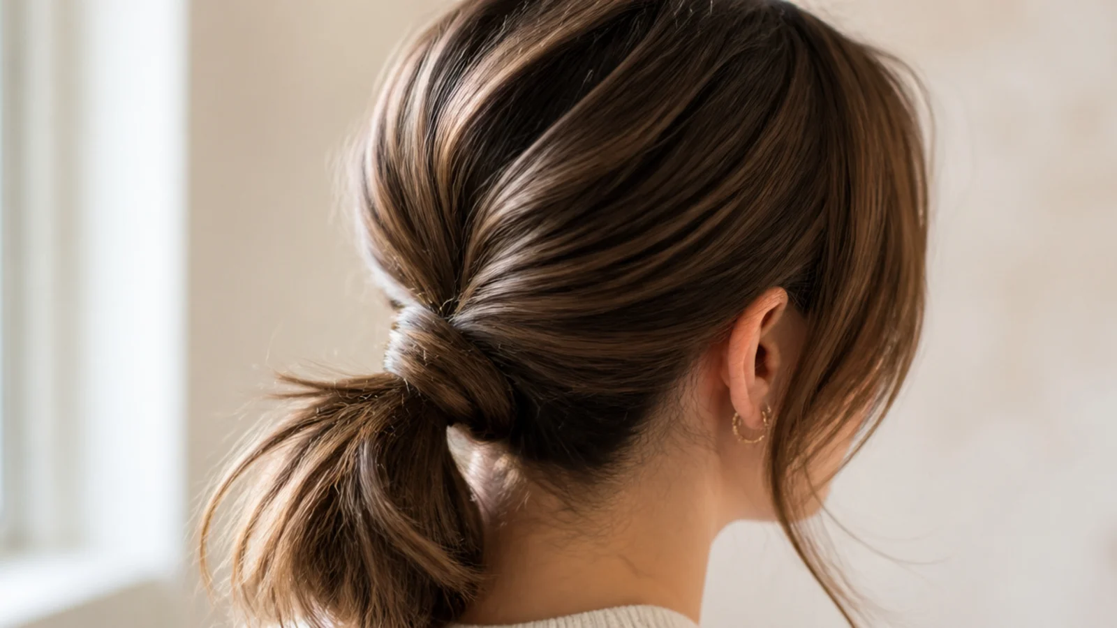 A long curtain fringe tucked behind one ear above a ponytail