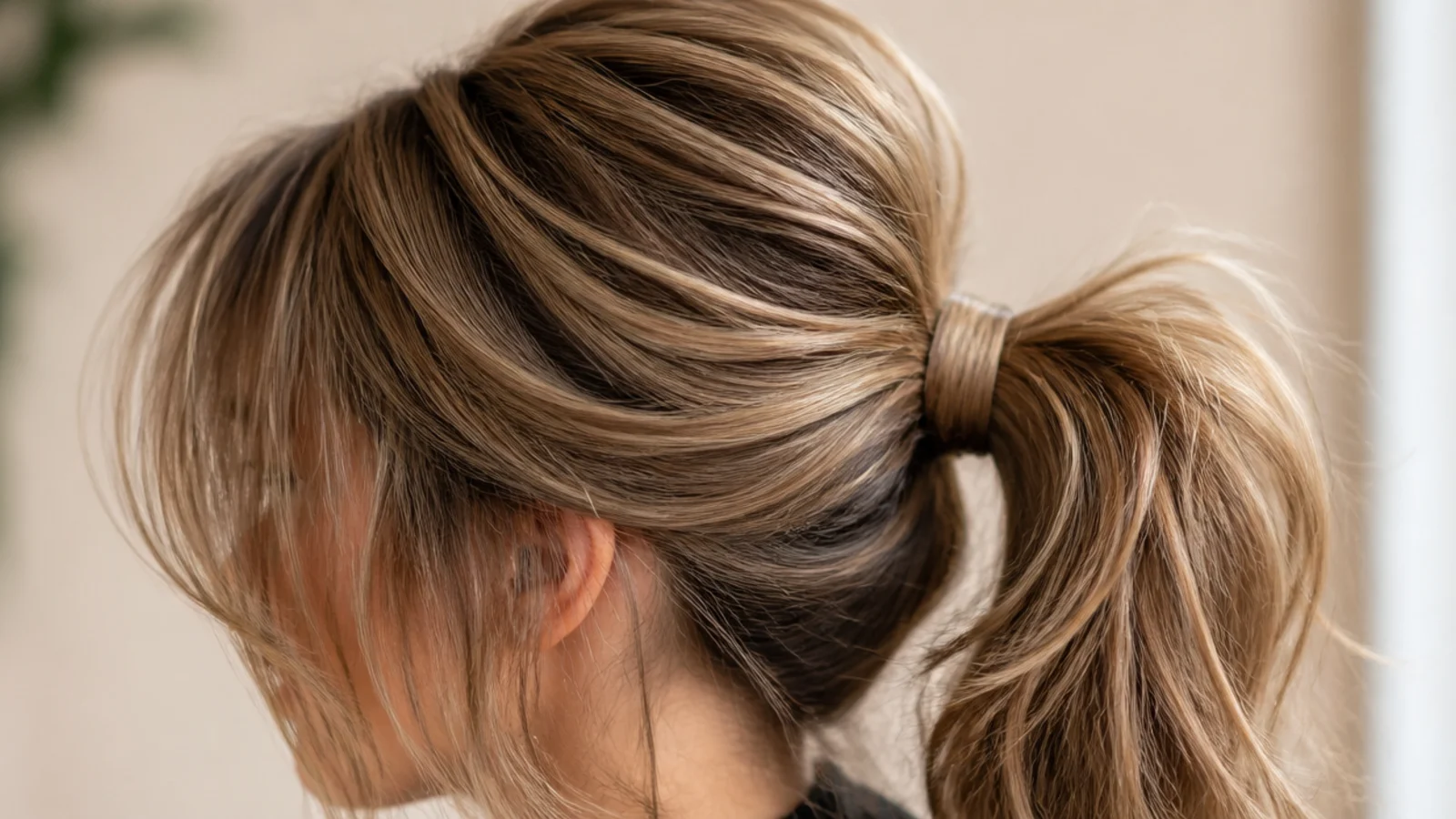 A fine fringe above a ponytail with lift backcombed into the crown