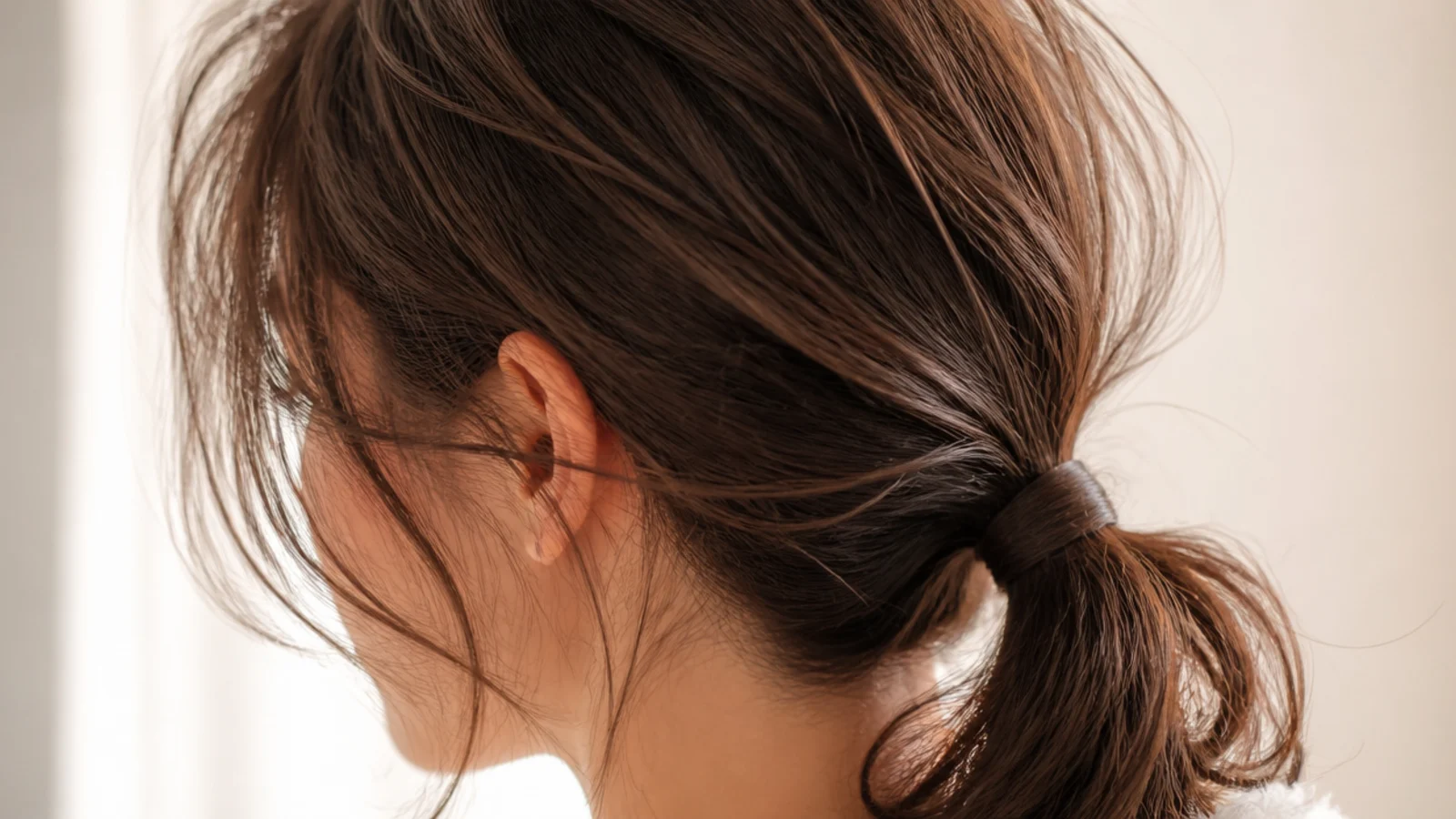 A see through fringe with the forehead visible above a gathered ponytail