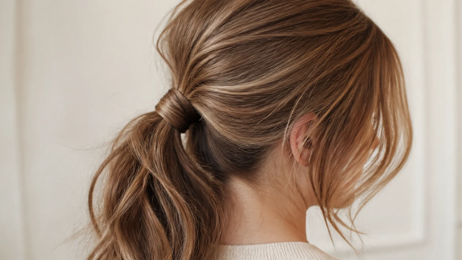 A bottleneck fringe curving out beside a half up ponytail