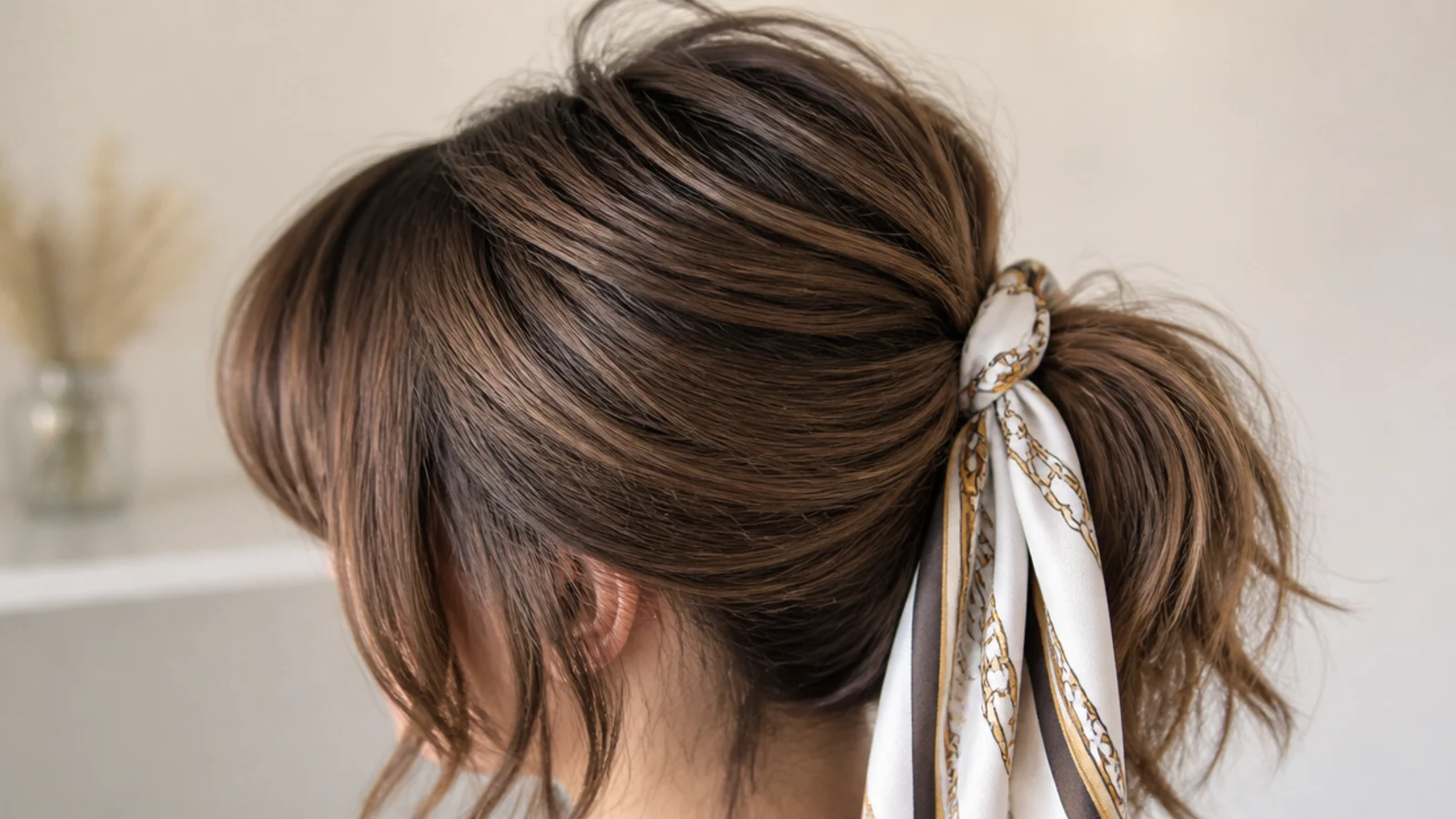 A folded bandana behind a blunt fringe above a ponytail
