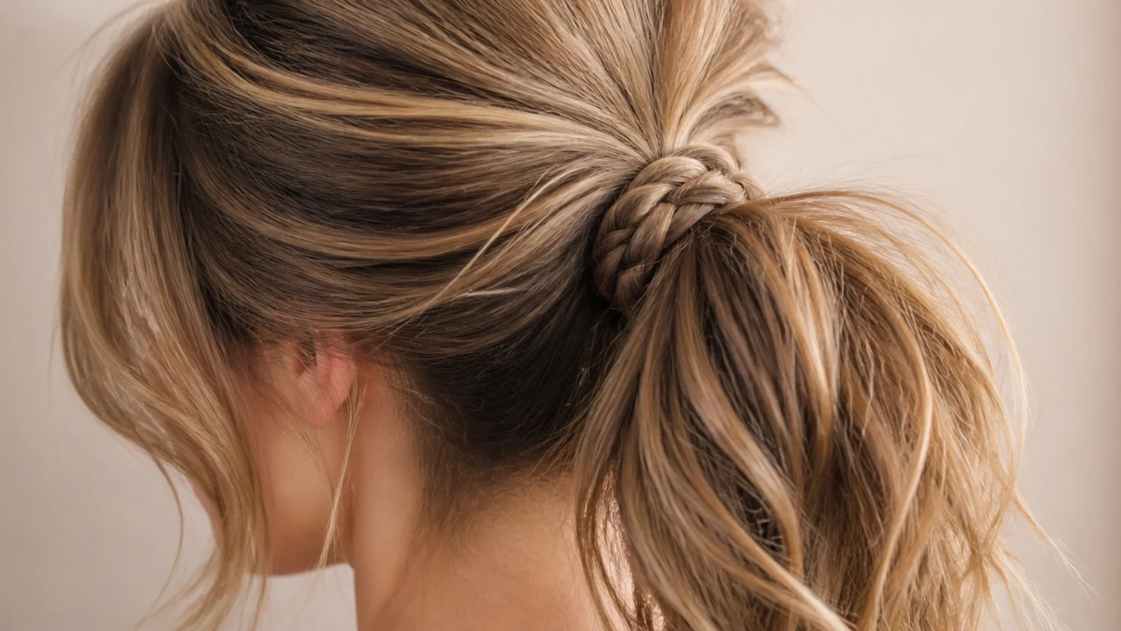 A braided ponytail base beneath a curtain fringe