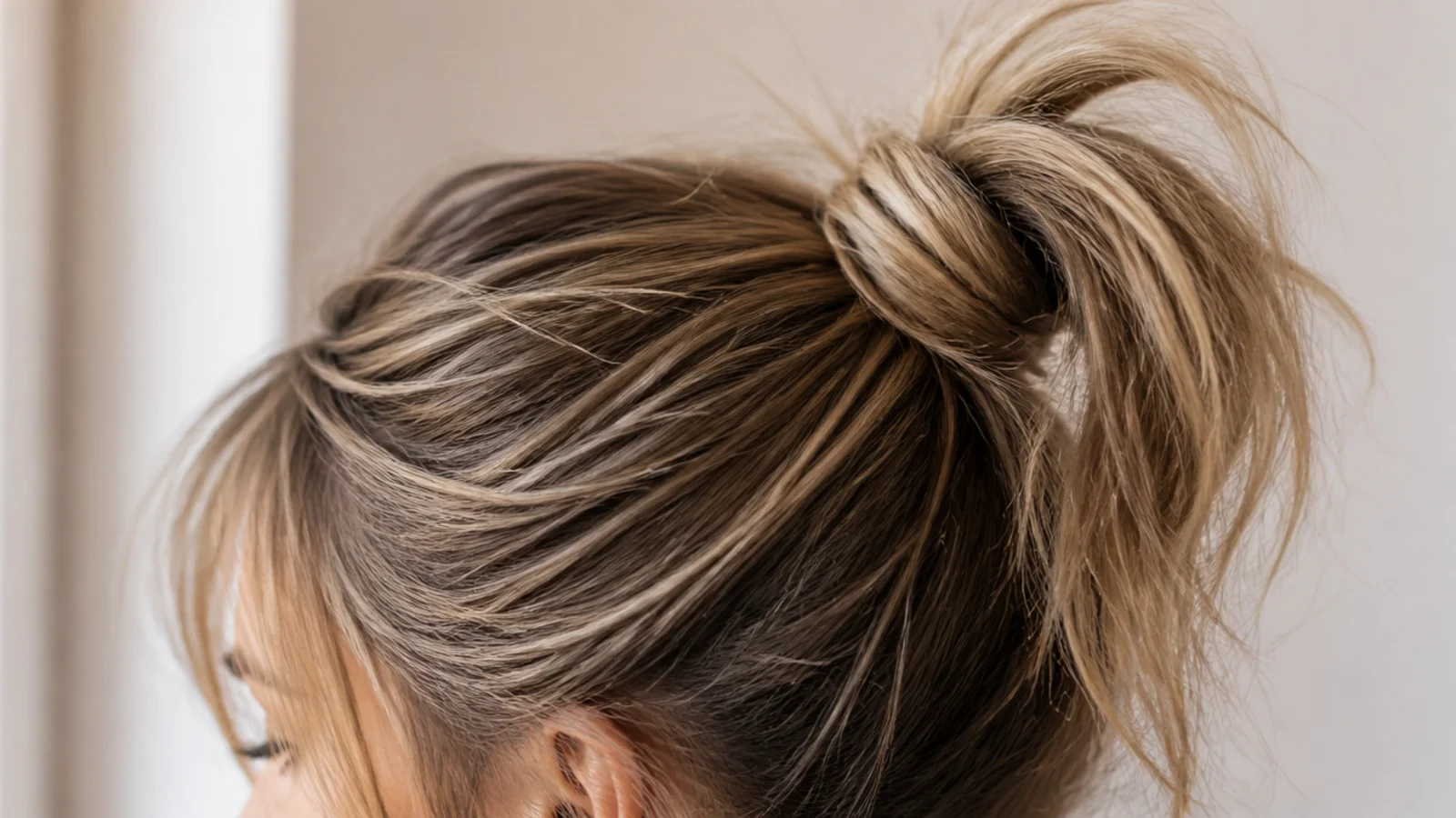A micro fringe above a tightly gathered high ponytail