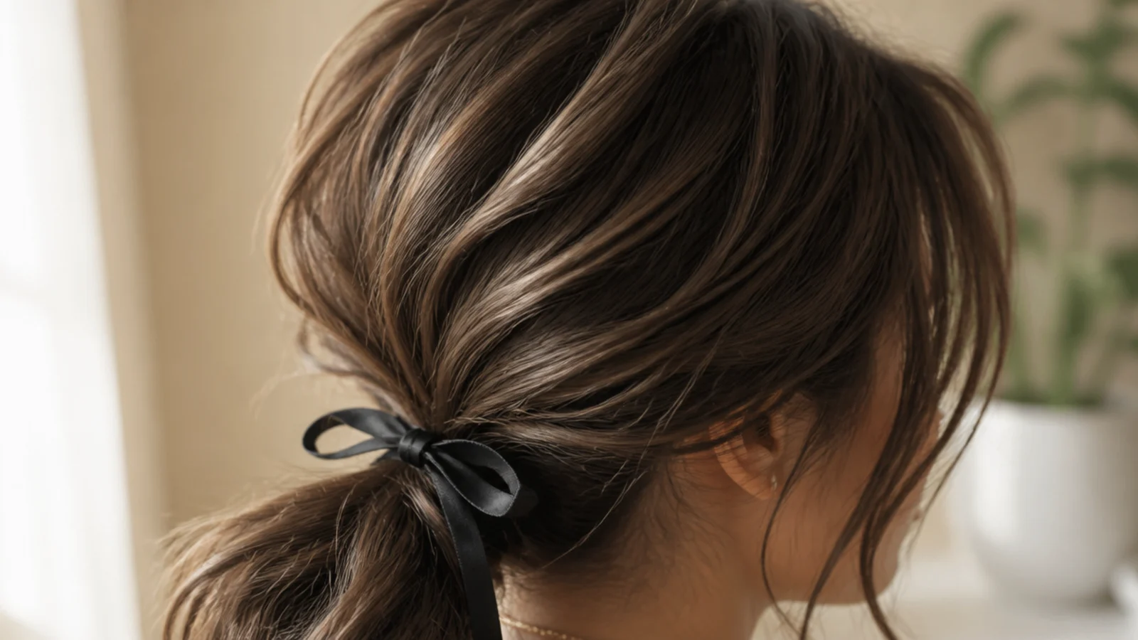 A ribbon tied over a ponytail base beneath a curtain fringe