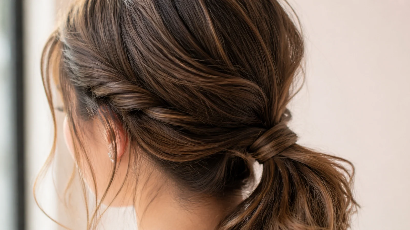 Twisted front sections carrying a grown out fringe back into a ponytail