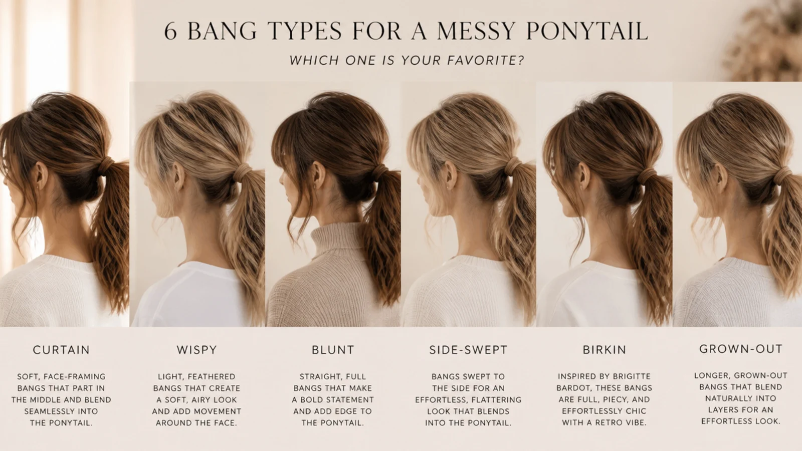 Curtain, blunt, wispy and side swept fringes shown side by side