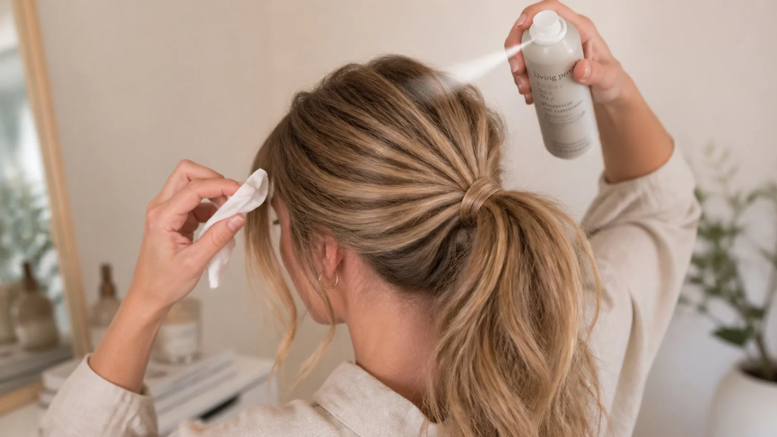 Dry shampoo applied under a lifted fringe at the roots