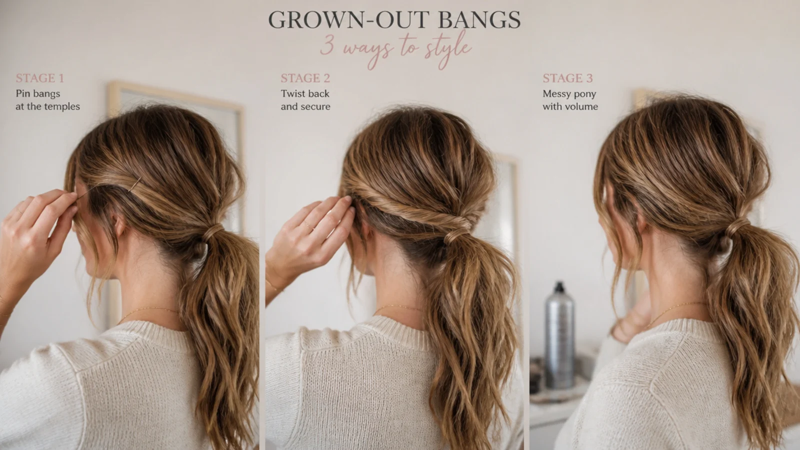 A grown out fringe blending into the face framing pieces above a ponytail