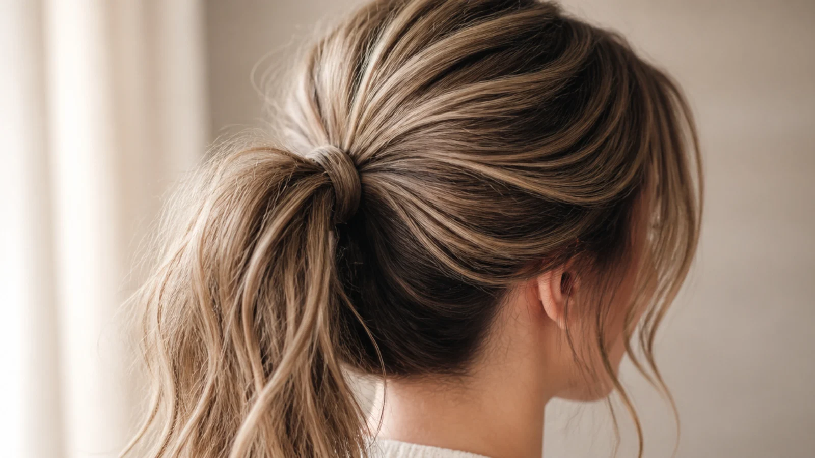A high ponytail on unwashed hair with visible root lift