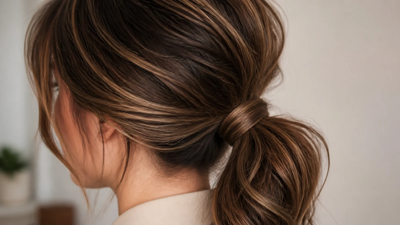 A low ponytail tied at the nape with a smooth crown