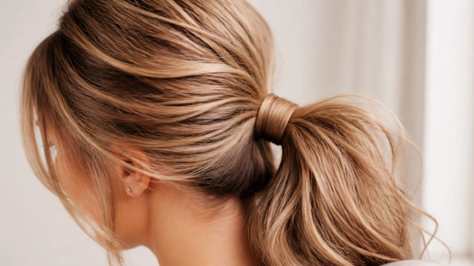 A ponytail base hidden by a wrapped strand of hair