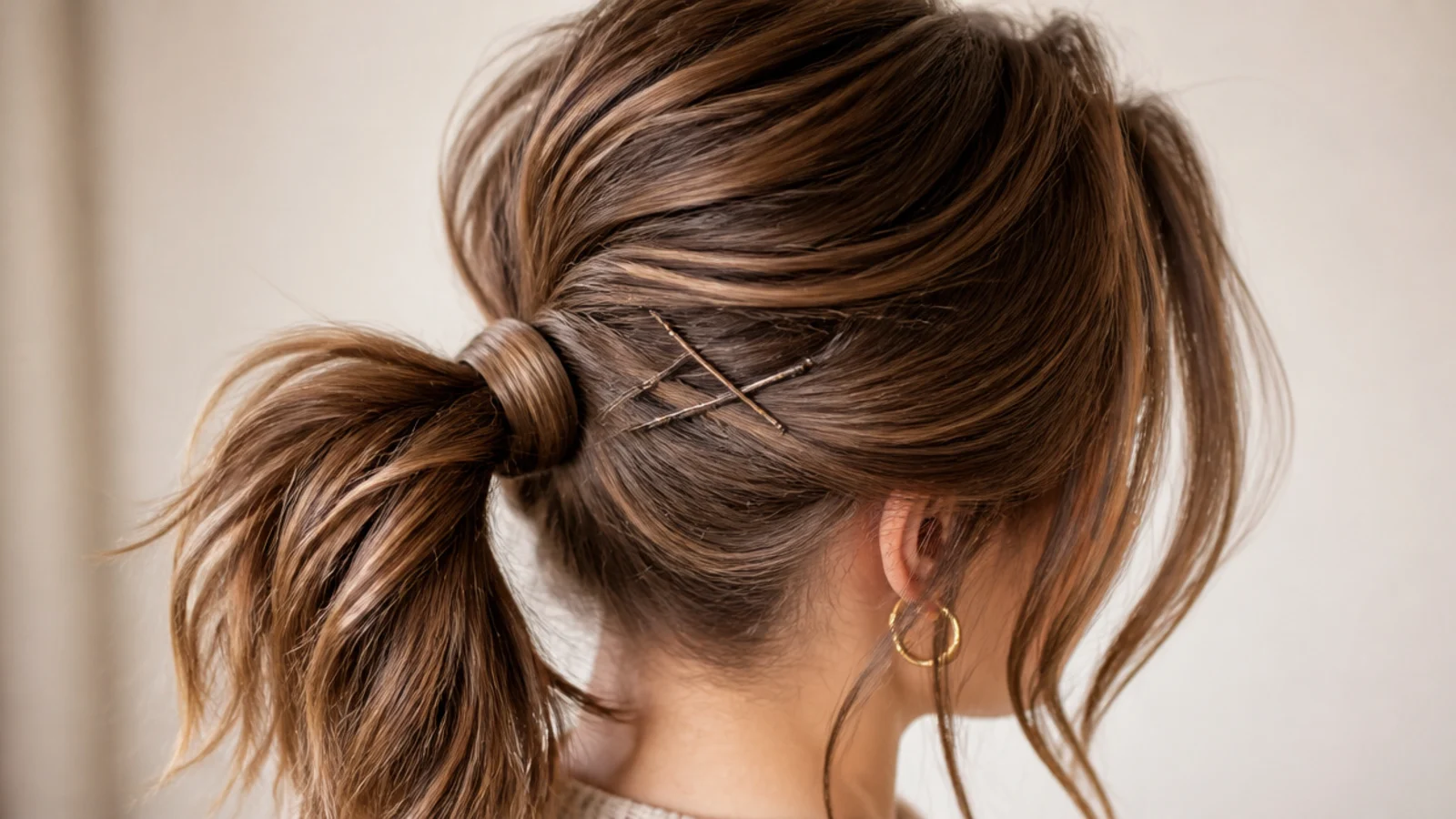 A short ponytail held by a hooked bungee band