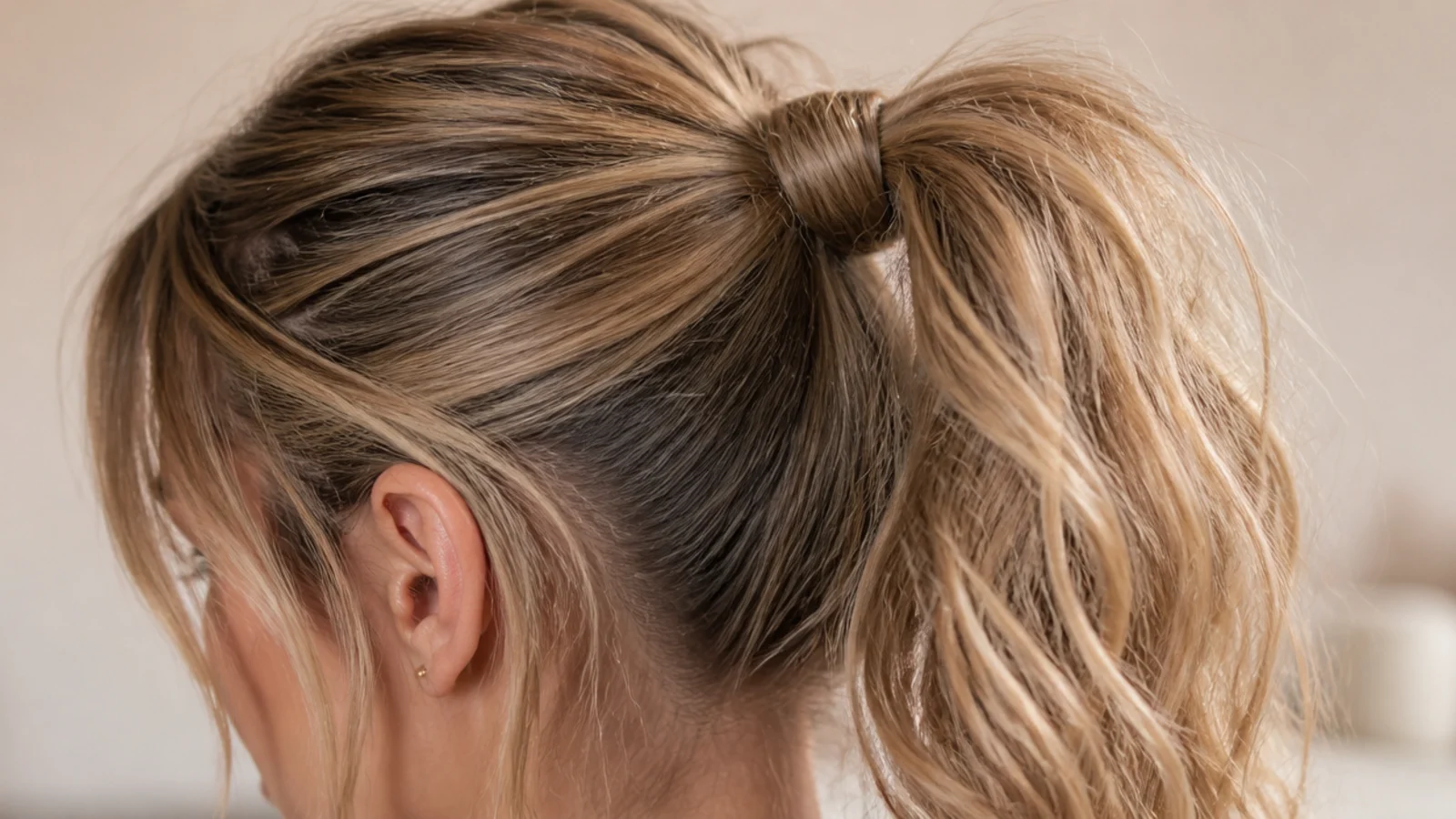 A ponytail retied after a workout with damp roots