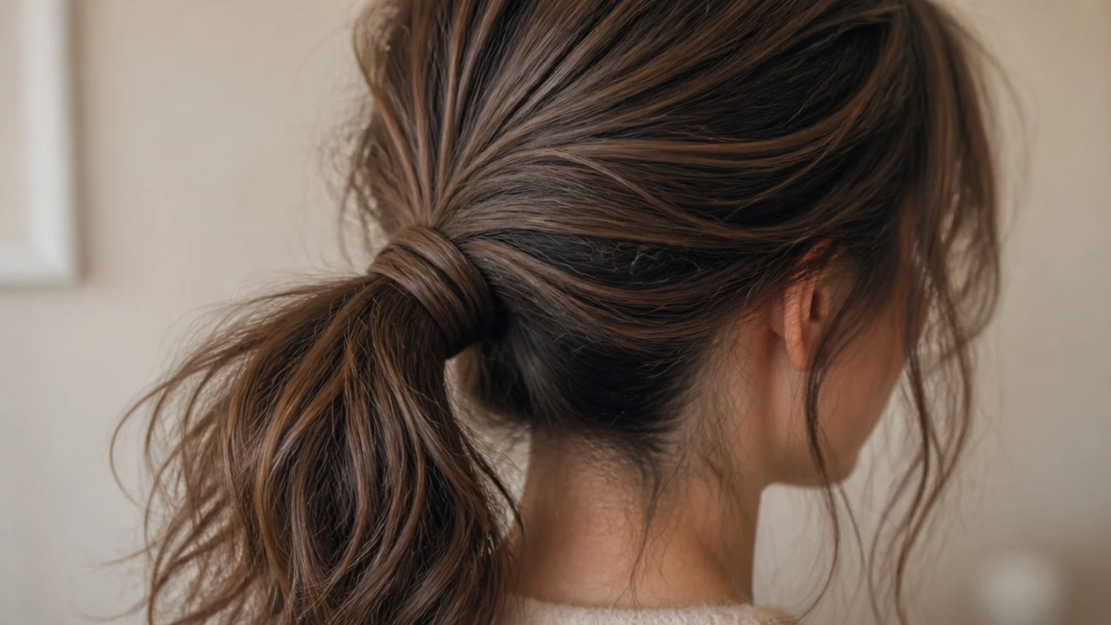 A ponytail with a soft halo of frizz in damp weather