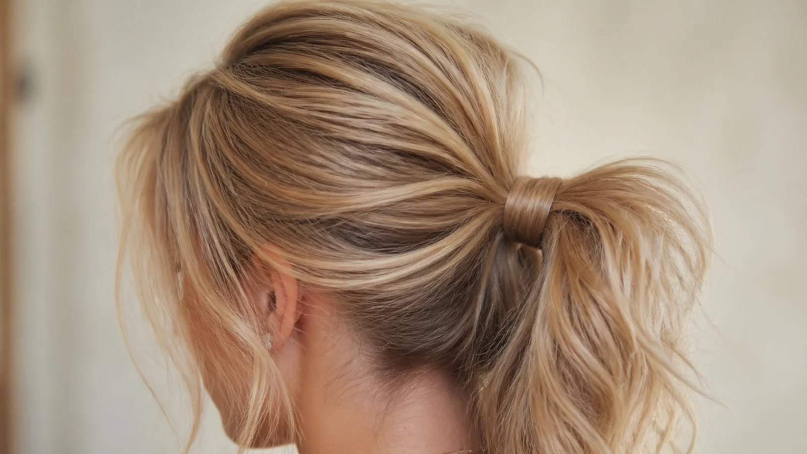 Fine hair backcombed at the crown above a ponytail