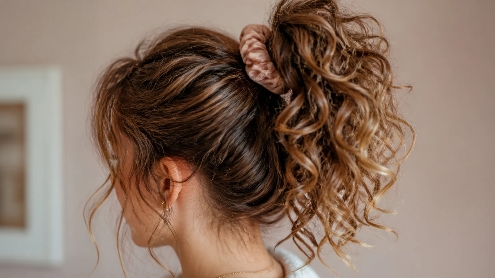 Curls gathered loosely at the top of the head