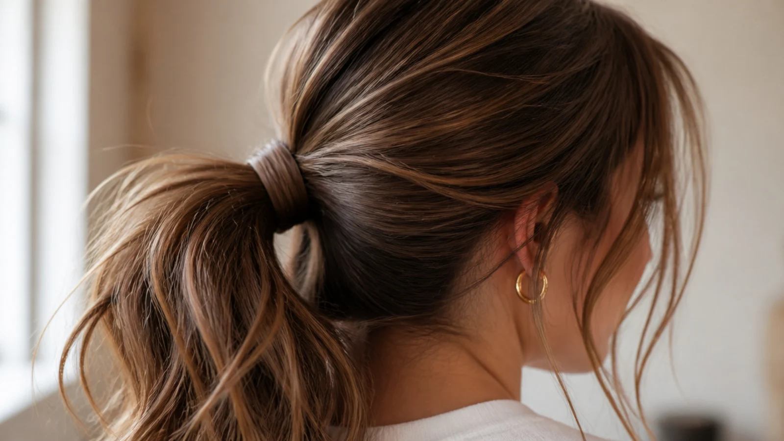 A ponytail worn with a deep side parting