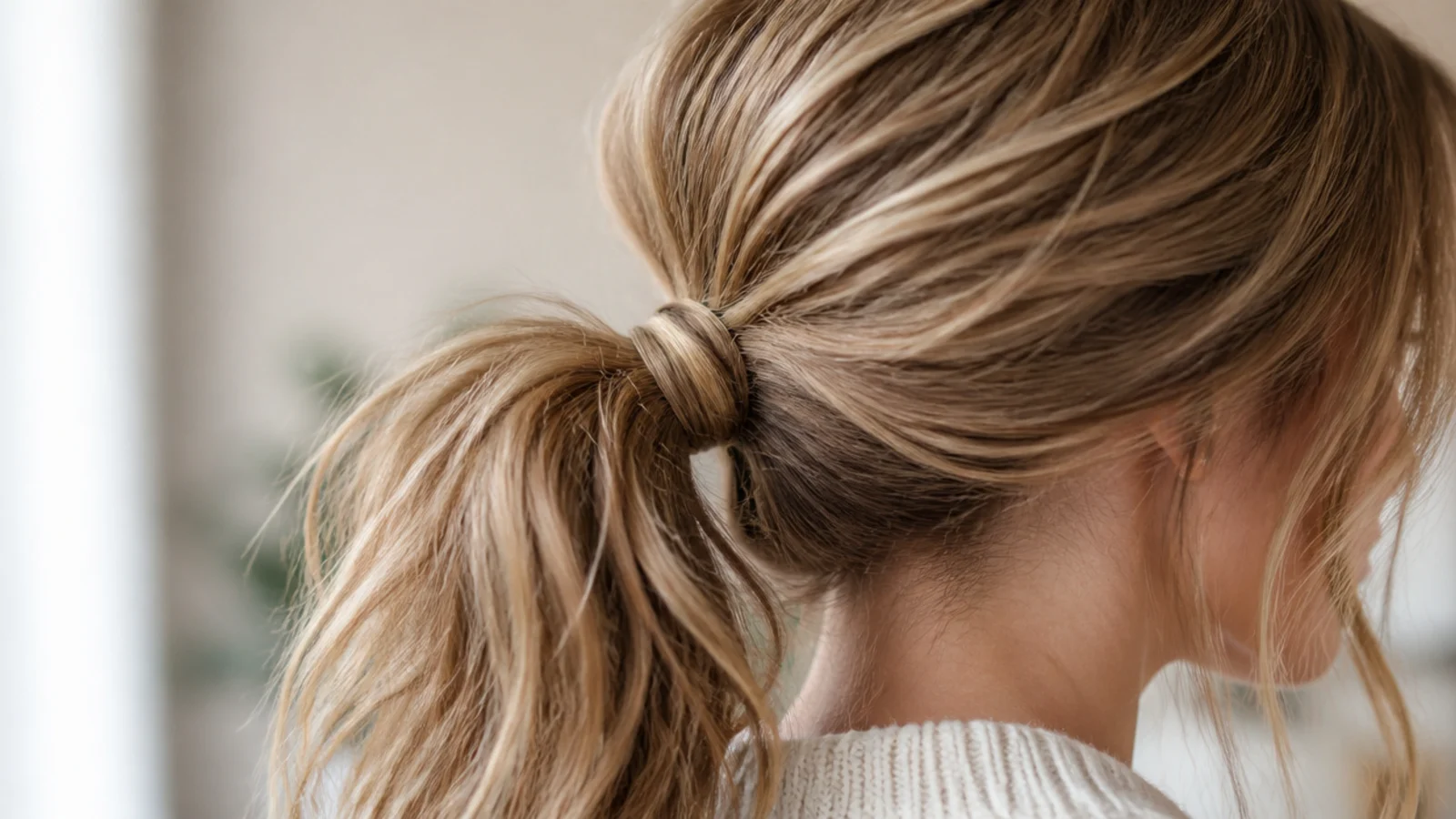 A ponytail held by a large fabric scrunchie