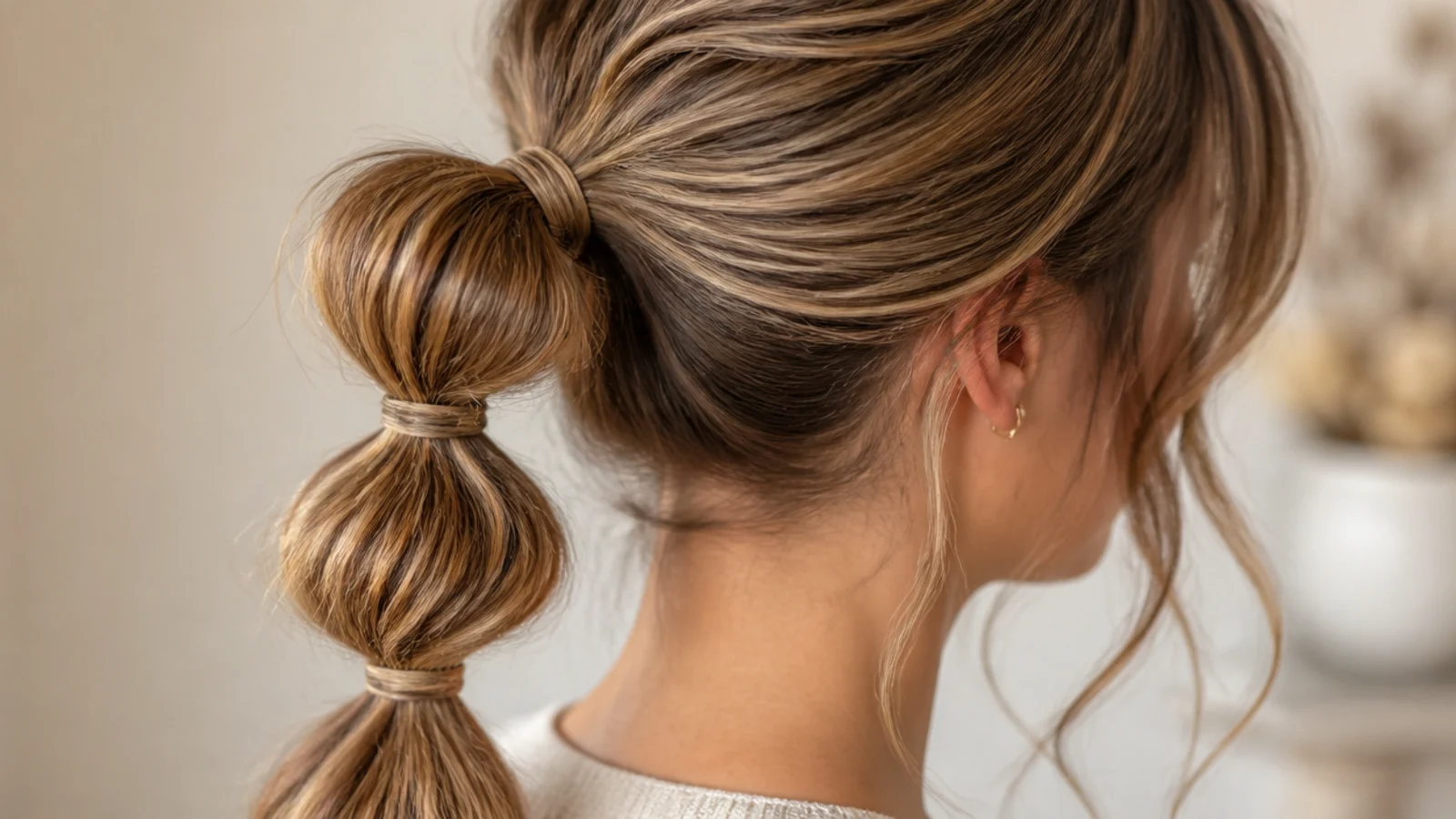 A ponytail divided into rounded segments by spaced elastics
