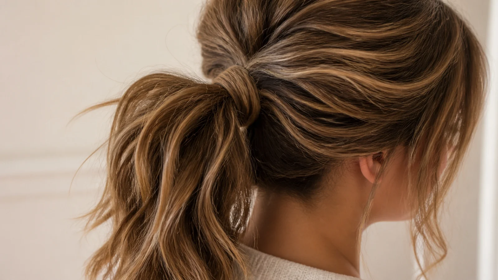 Loosely waved hair gathered into a ponytail after an overnight braid