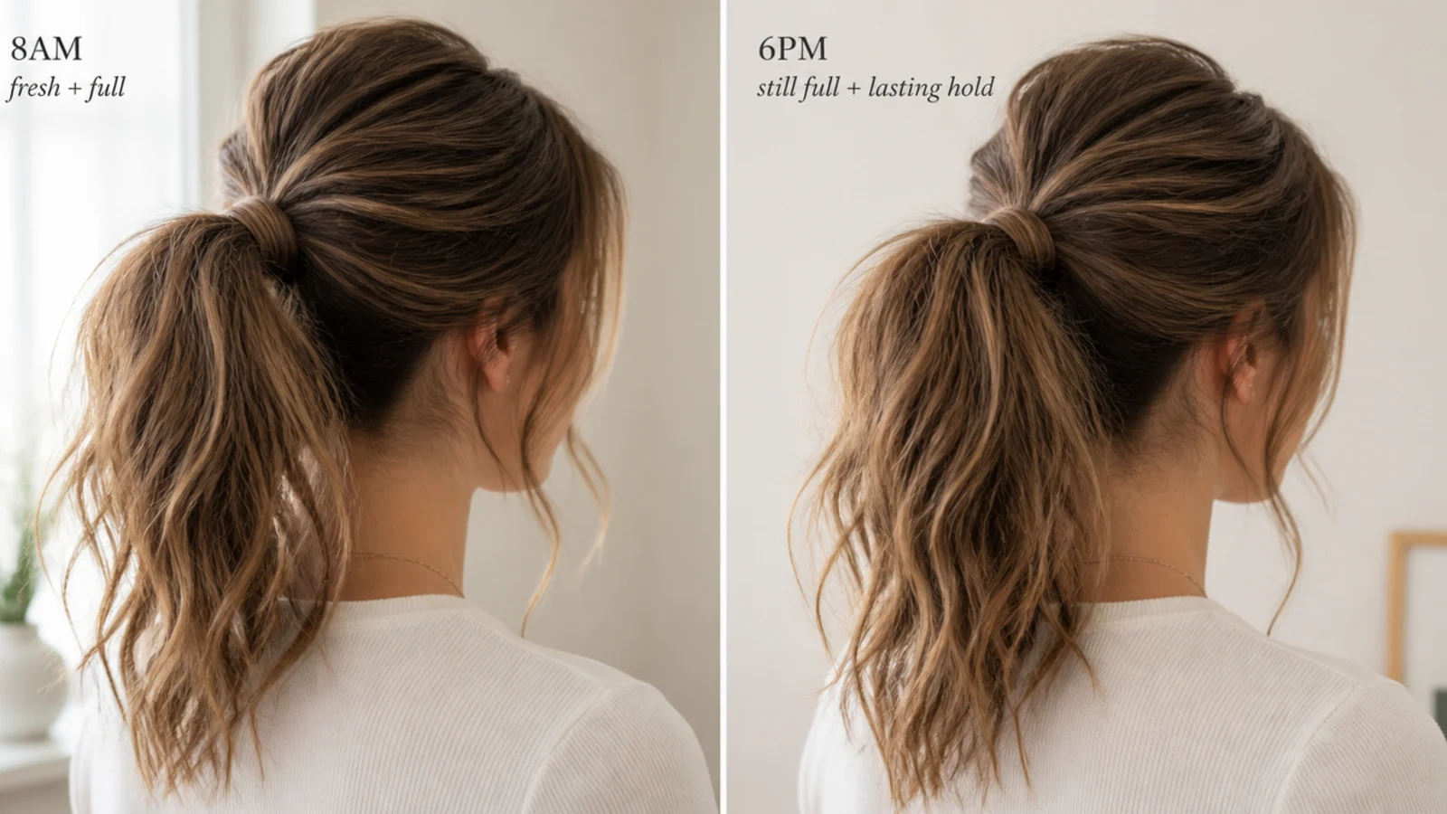 A hand tightening a ponytail base with a second band lower down