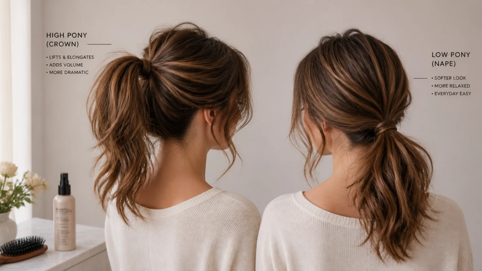 The same ponytail shown tied at the crown and again at the nape