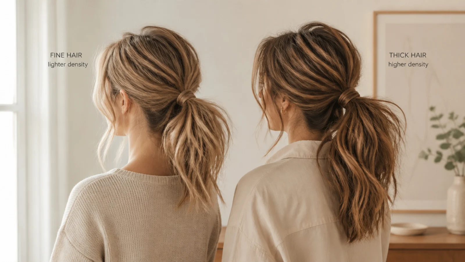 A ponytail on fine hair beside one on thick hair
