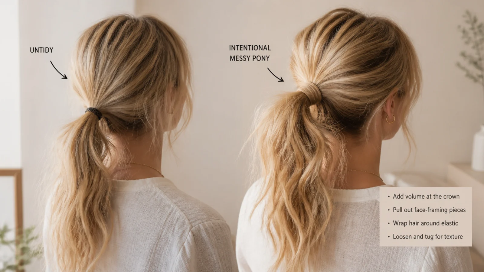 A textured ponytail beside a slack one that has dropped at the base