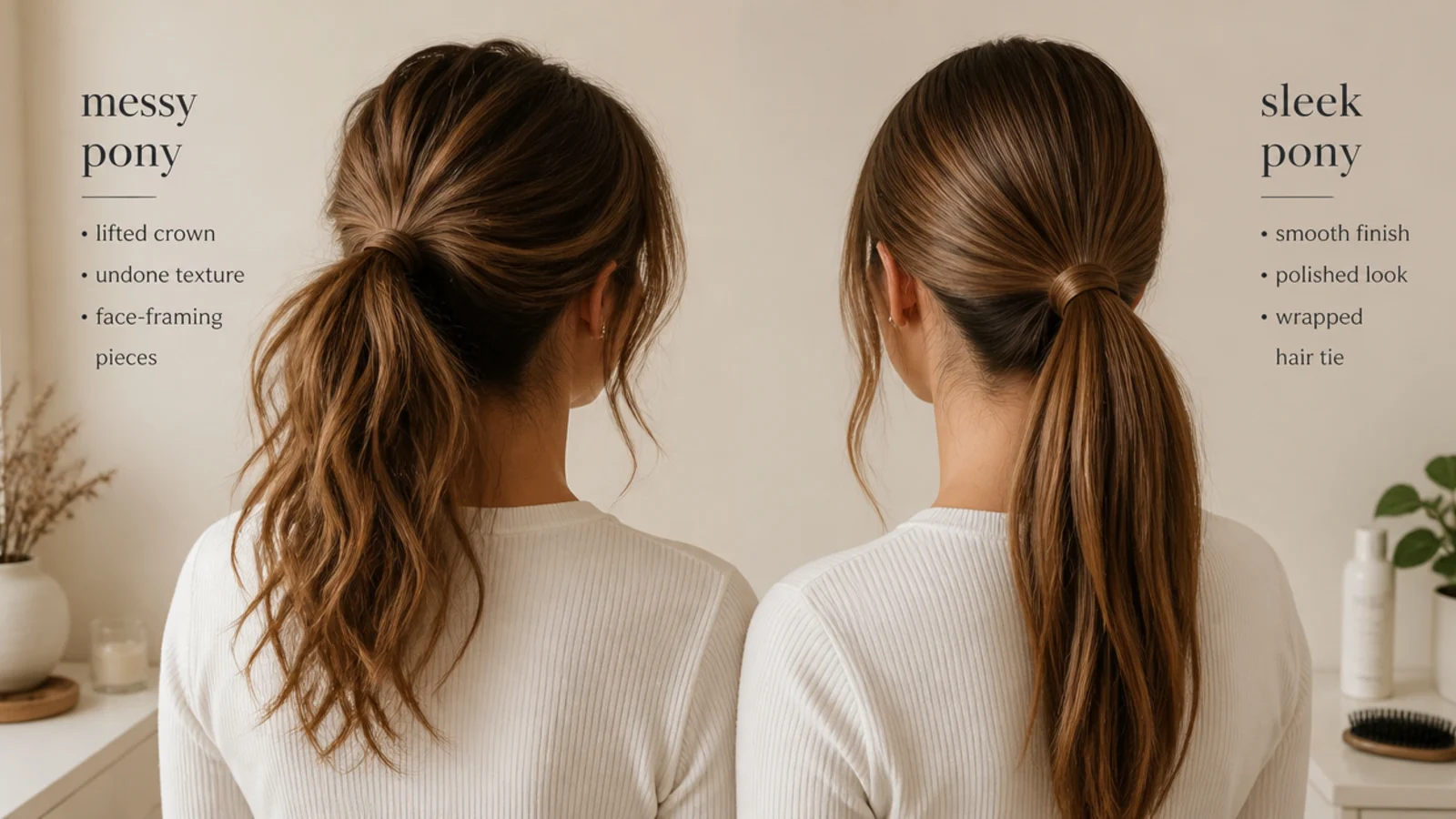 A polished ponytail compared with a textured one on the same head