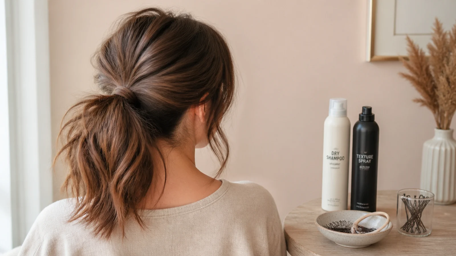 Dry shampoo, texture spray, a fabric elastic and a wax stick laid out
