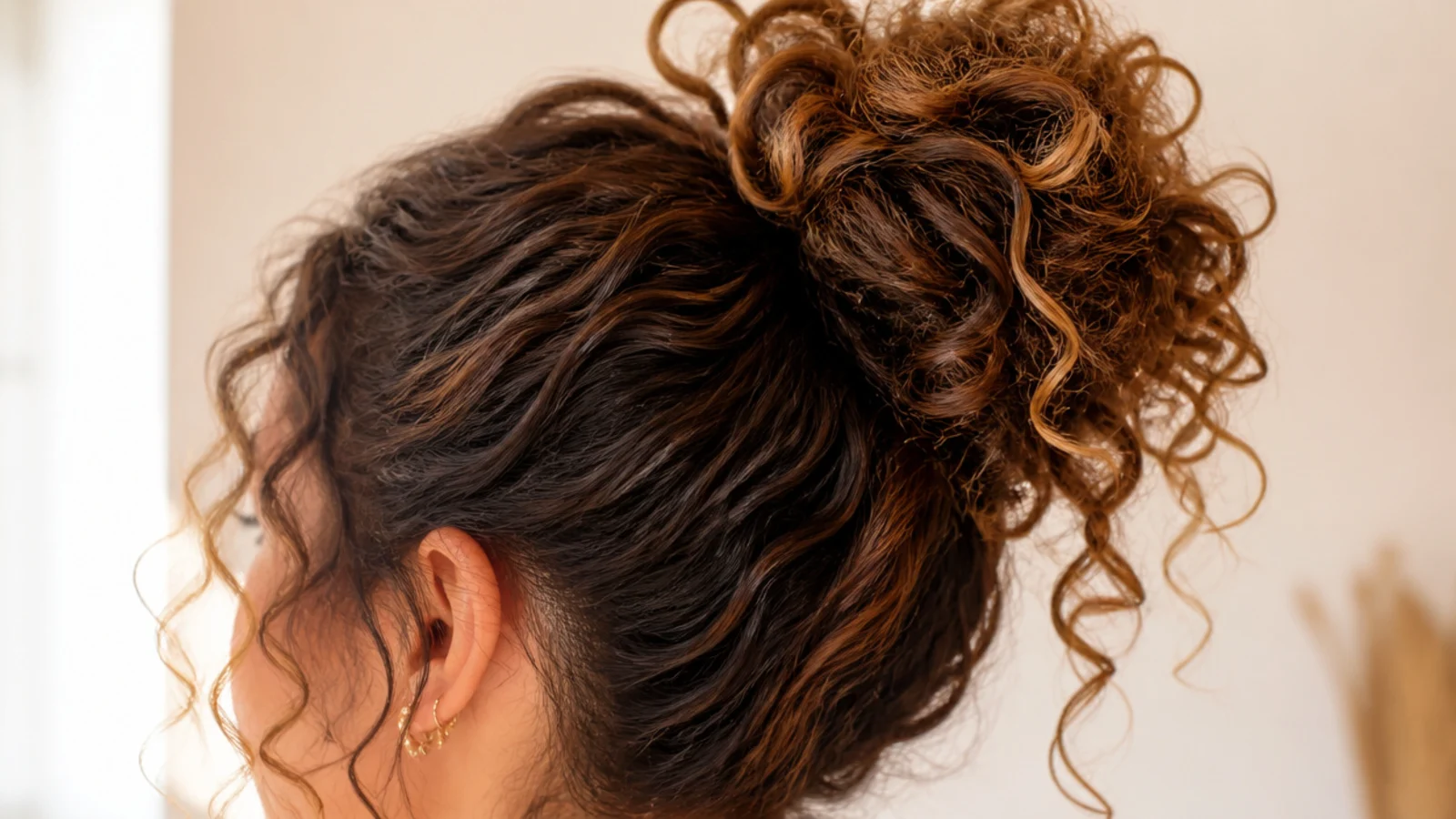 Curls gathered loosely on top of the head with the pattern uncompressed