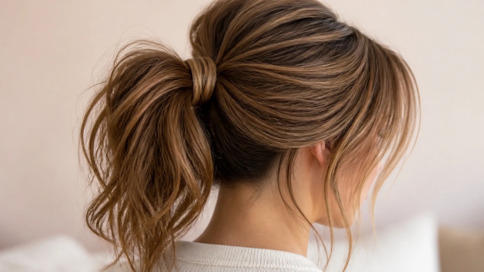 A ponytail tied behind a soft parted fringe