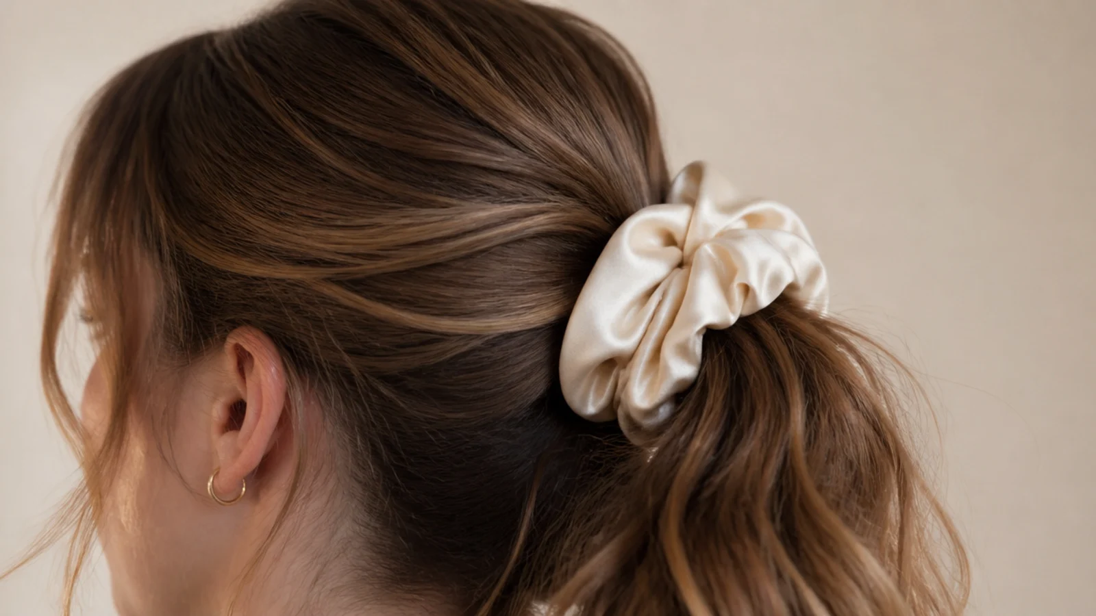 A large soft scrunchie gathered around the base of a ponytail