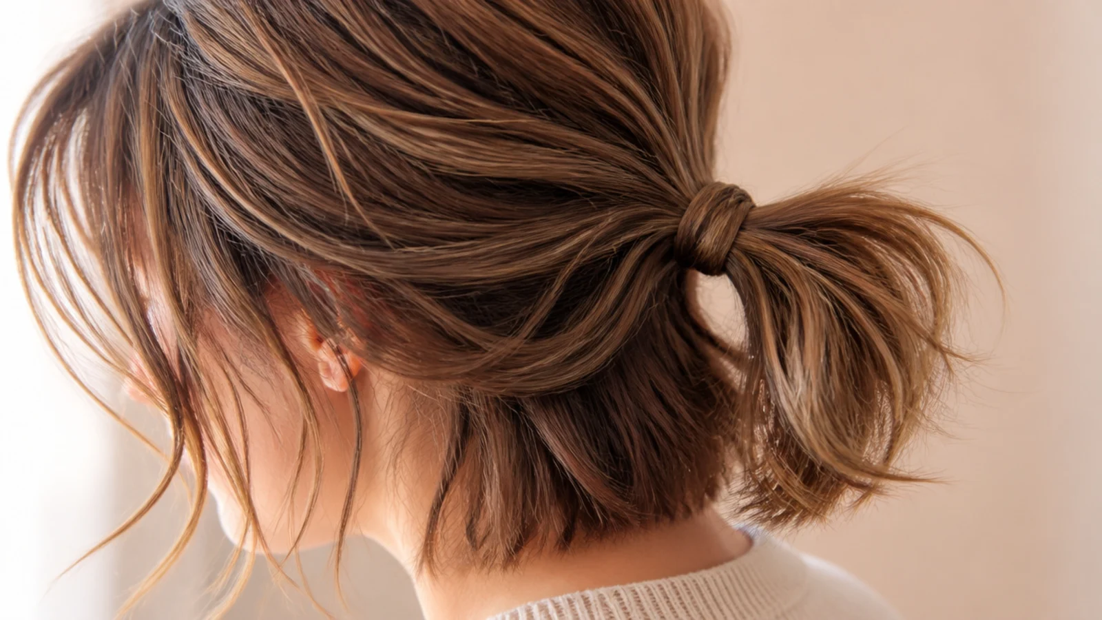 A short ponytail secured with a hooked bungee band