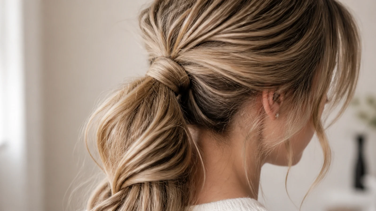 A long ponytail twisted partway down and caught with a second band