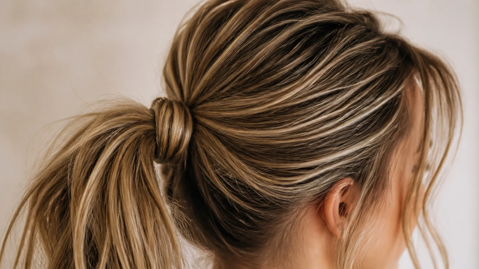 A ponytail with smoothed damp looking roots and a wrapped base