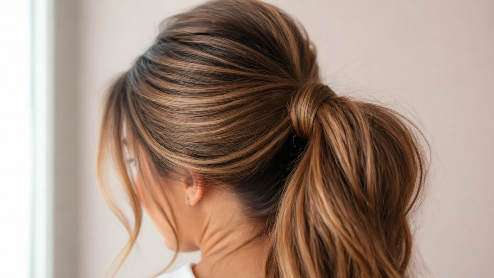 Two elastics set one above the other at the base of a ponytail